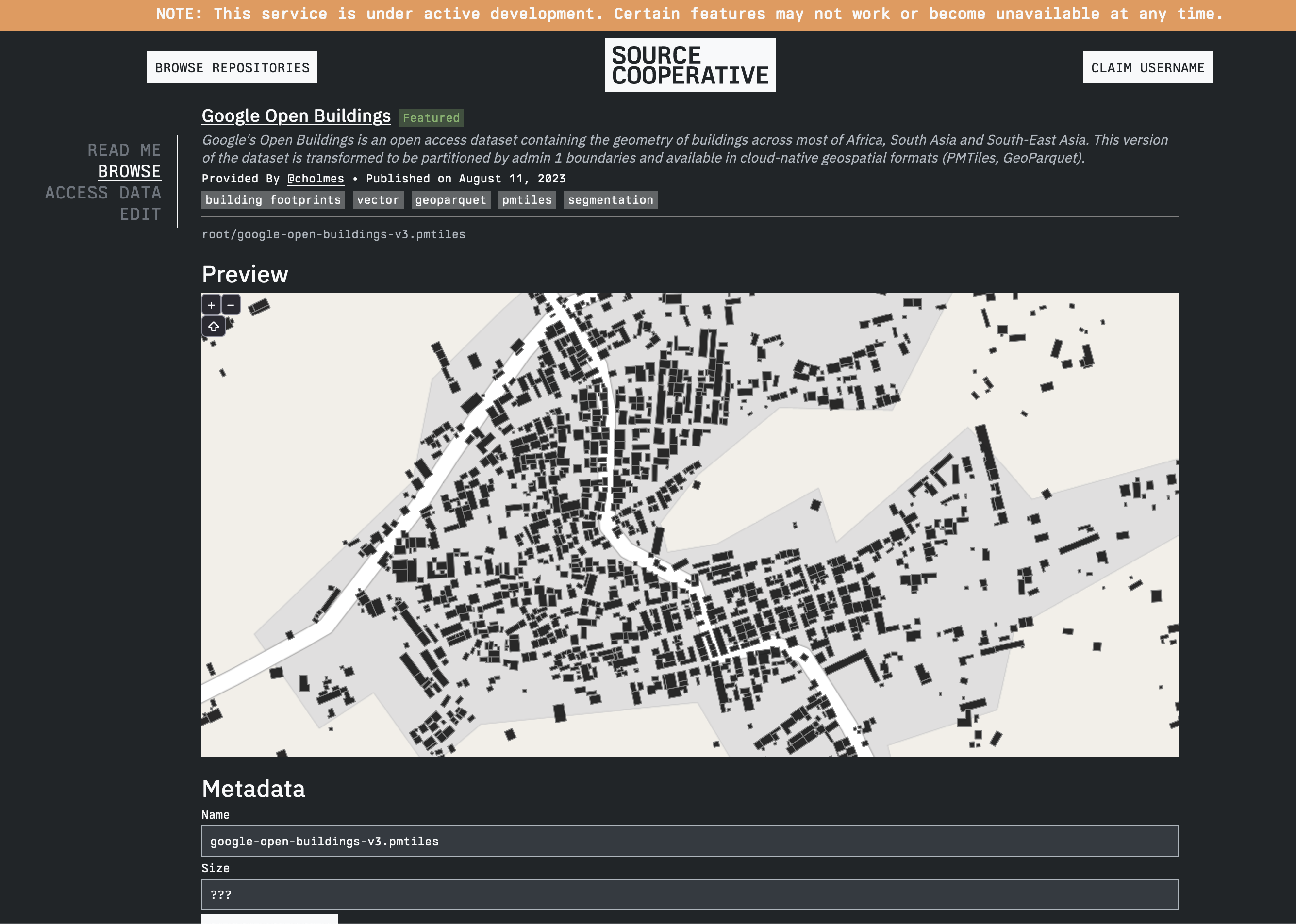 Screenshot of a PMTiles preview on Source Cooperative